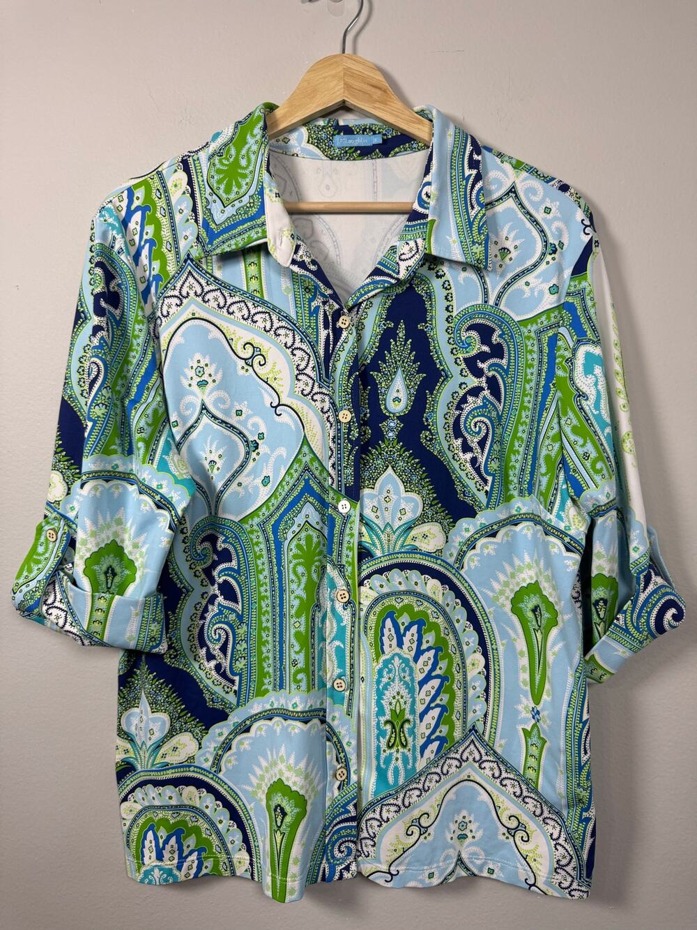 J McLaughlin Button Down Catalina Cloth Paisley Shirt XL Roll Tab Sleeve Stretch